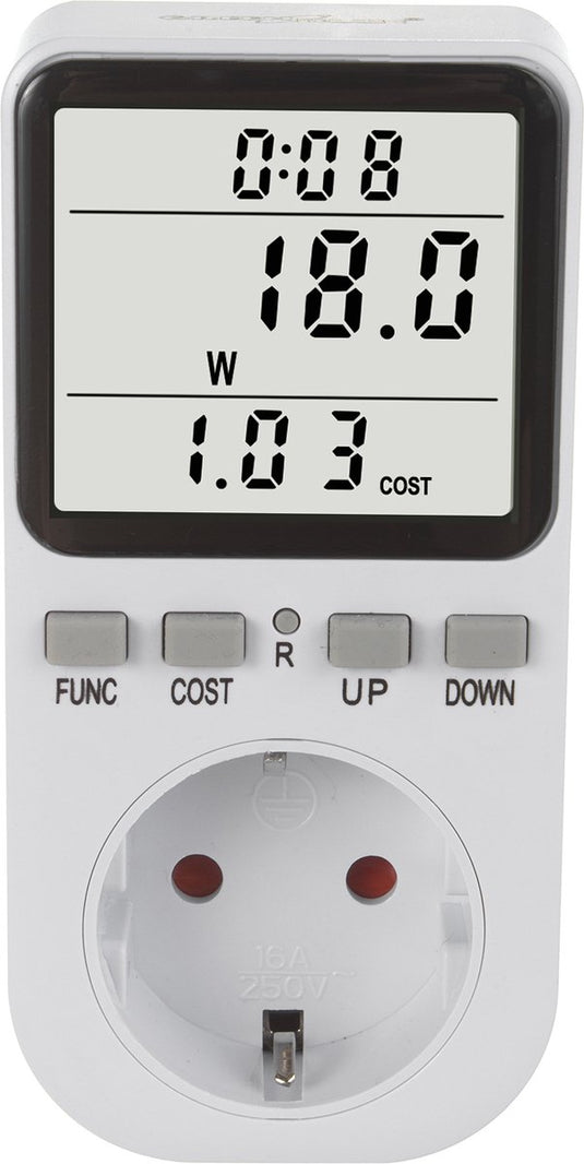 Greenblue - energiemeter – verbruiksmeter - wattmeter - elektriciteitsmeter – energiekosten- type f, 220-240v ac, 50hz, max. belasting 16a, ip20, ingebouwde batterij, gb364 f - voor nederland