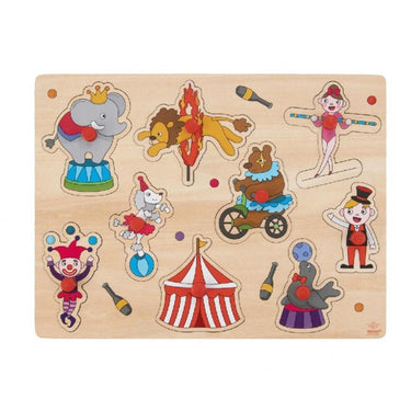 Engelhart knoppuzzel circus – klein – houten puzzel – rode kunststof knopjes – kinderen puzzel met dierenthema –