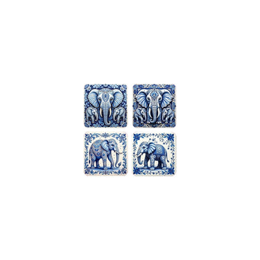 Onderzetters blauw wit olifant 10,8x10,8cm set a 4 stuks in doosje