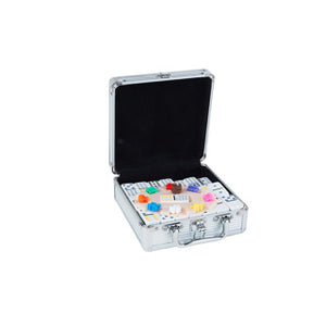 Engelhart domino dubbel 12 mexican train – 91 stenen met gekleurde ogen – luxe aluminium koffer met handvat – inclusief station treinen – strategisch familiespel –