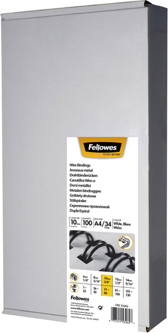 Fellowes bindring - metalen bindruggen - 10 mm voor 80 vel -34-rings - a4 - wit - 100 stuks