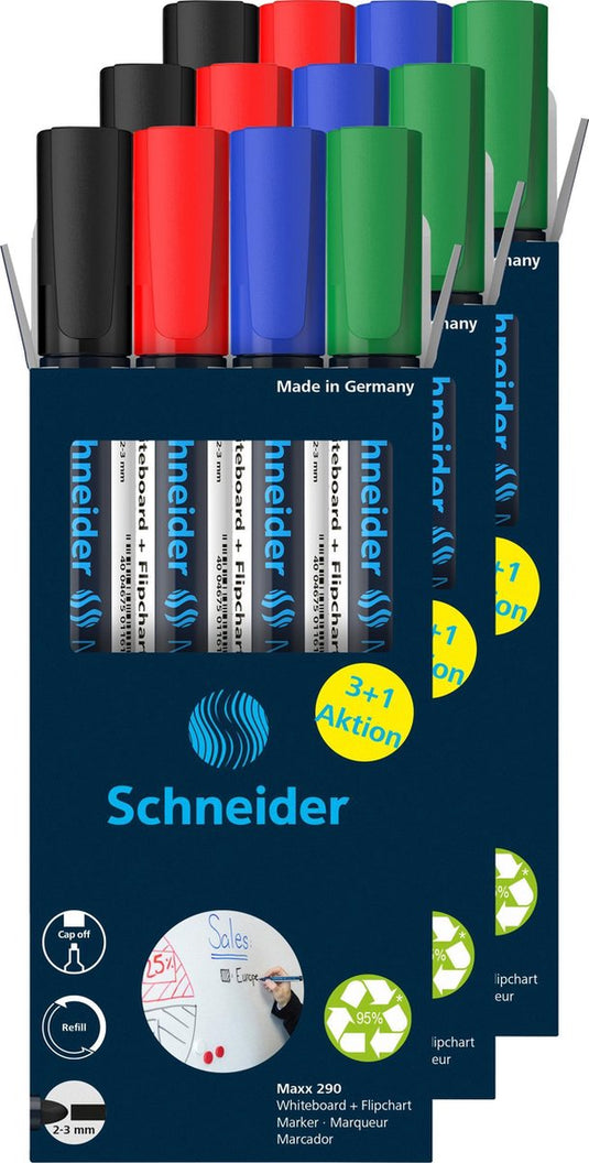 Schneider schrijfwaren schneider whiteboard stiften - maxx 290 - ronde punt - 3 sets a 4 kleuren - voor whiteboard - s-399315