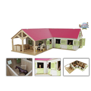 Kids globe paardenhoekstal met 3 boxen en berging 1:24 68x77x27cm roze (exclusief accessoires)