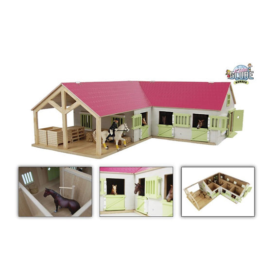 Kids globe paardenhoekstal met 3 boxen en berging 1:24 68x77x27cm roze (exclusief accessoires)