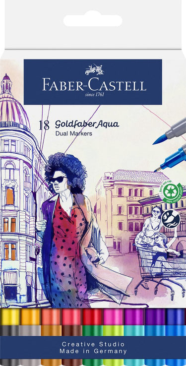 Faber-castell - duo aquarel marker goldfaber - etui 18 stuks - brush 0,6mm - fc-164618