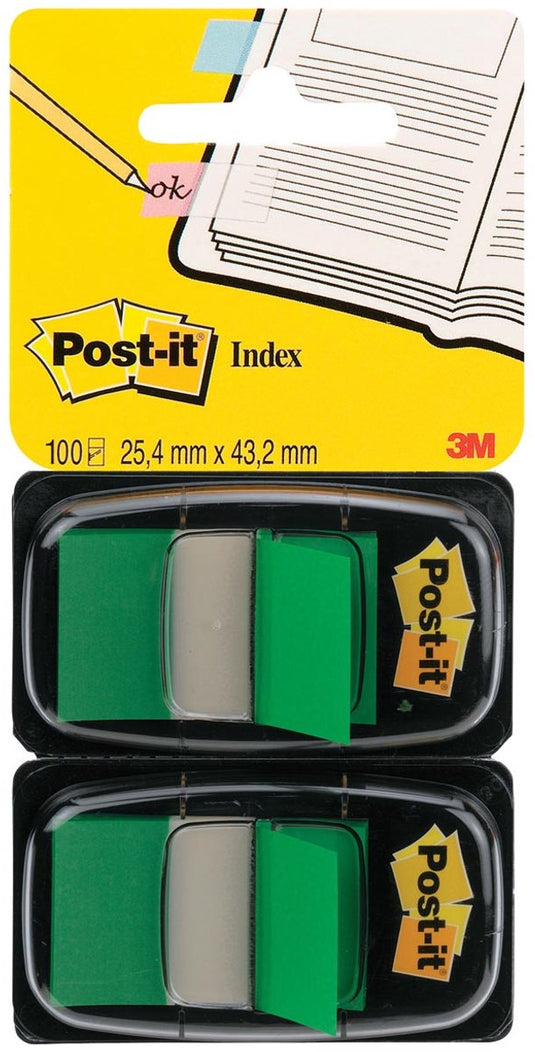 Post-it ® index standaard duo pack, groen, 25.4 x 43.2 mm, 50 tabs dispenser