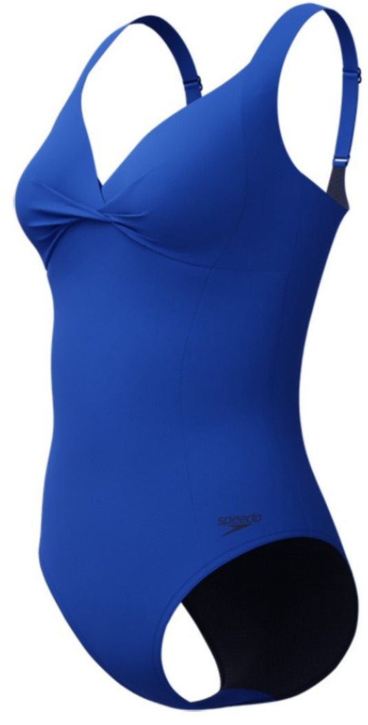 Speedo shaping cross knot 1 piece dames sportbadpak - corrigerend badpak dames - zwempak dames met uitneembare cups - sportbadpak dames met hartvormige halslijn en verstelbare bandjes - blauw - 46