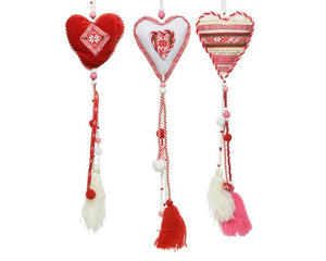 Decoris decohanger hart textiel 9x1,5x55cm rood-wit met kwastjes en kralen