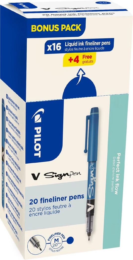 Pilot fineliner v-sign pen, doos van 16 + 4 stuks, blauw