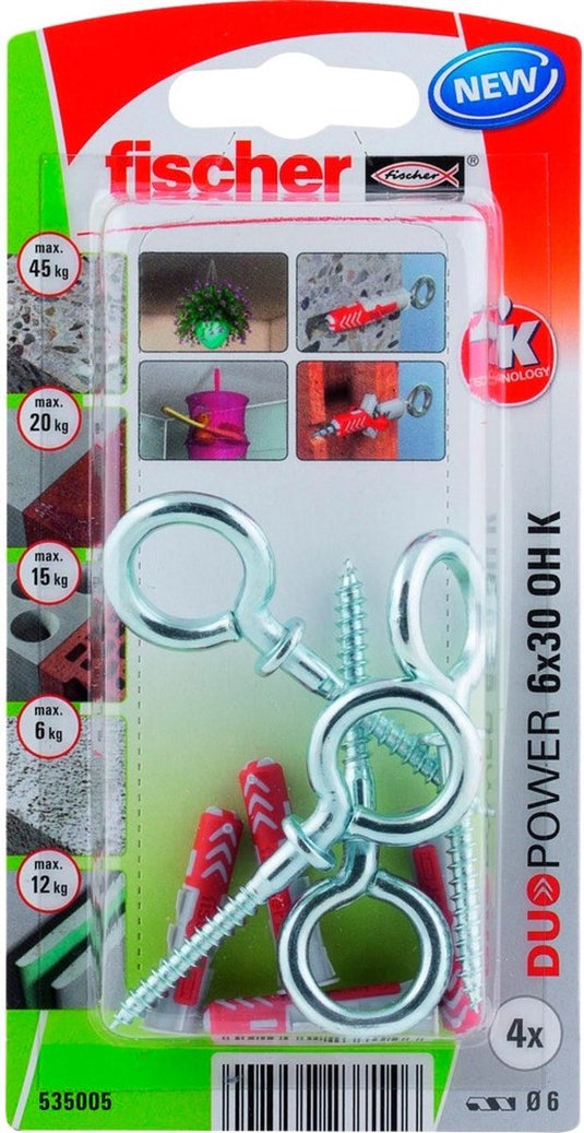 Fischer duopower serie - plug - 6x30mm - intelligent - nylon - inclusief ooghaak