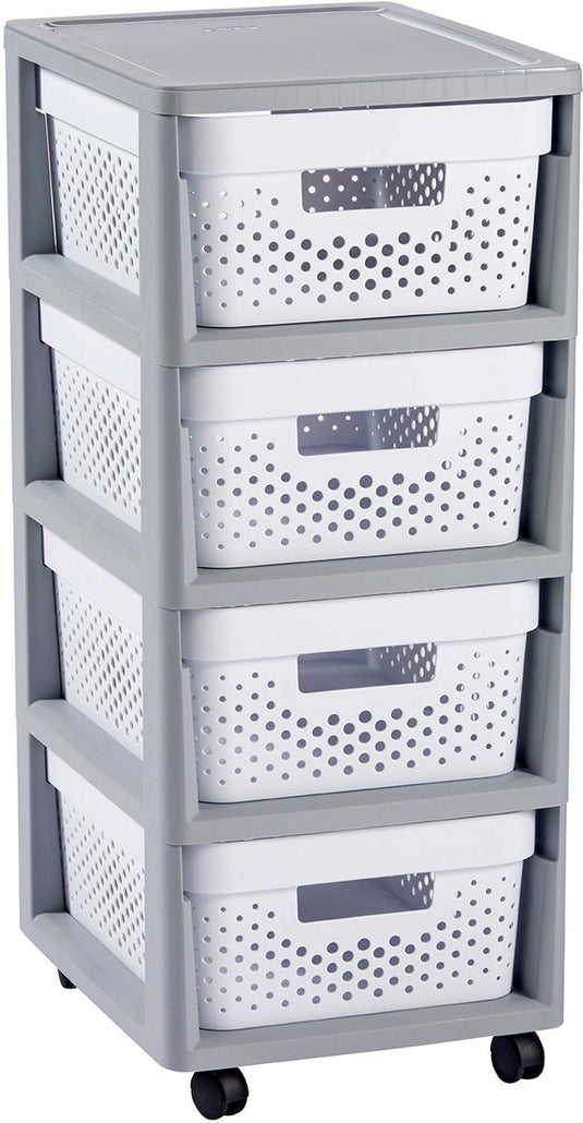 Curver infinity dots ladesysteem - 4 lades van 11l - met wieltjes - 36x30×66 cm - grijs wit