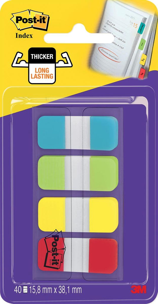 Post-it index strong, ft 15,8 x 38,1 mm, blister met 4 kleuren, 10 tabs per kleur