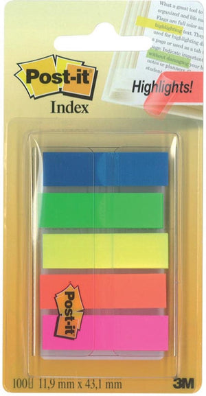 Post-it index post-it® index translucent, draagbare set, groen, oranje, roze, geel, blauw, 12 x 43 mm, 20 tabs kleur dispenser