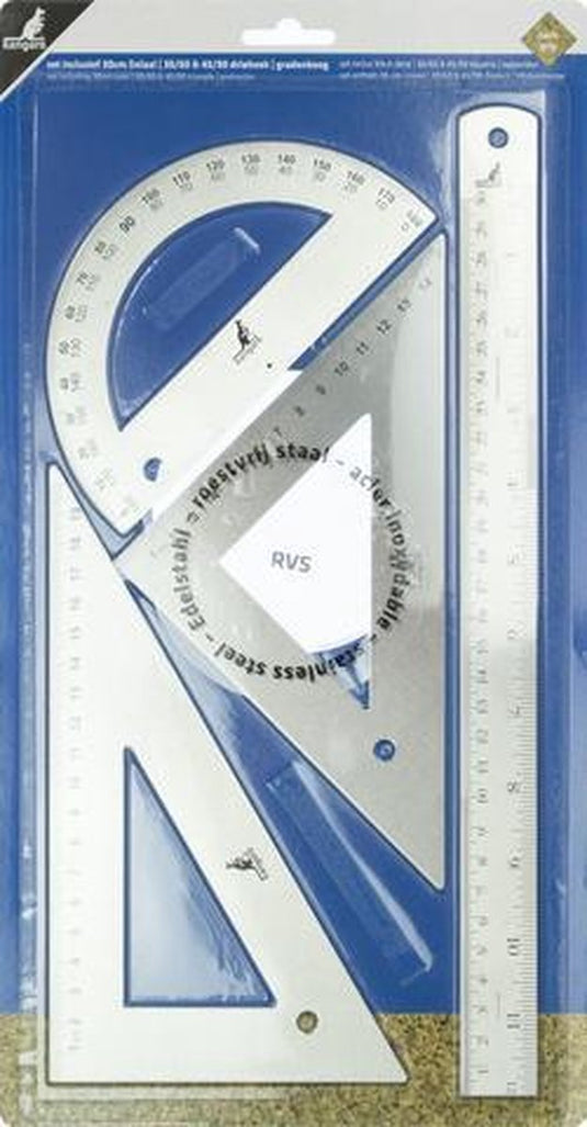 Kangaro liniaal set - rvs - 4-delig - 30cm liniaal + 30 60 driehoek + 45 90 driehoek + gradenboog