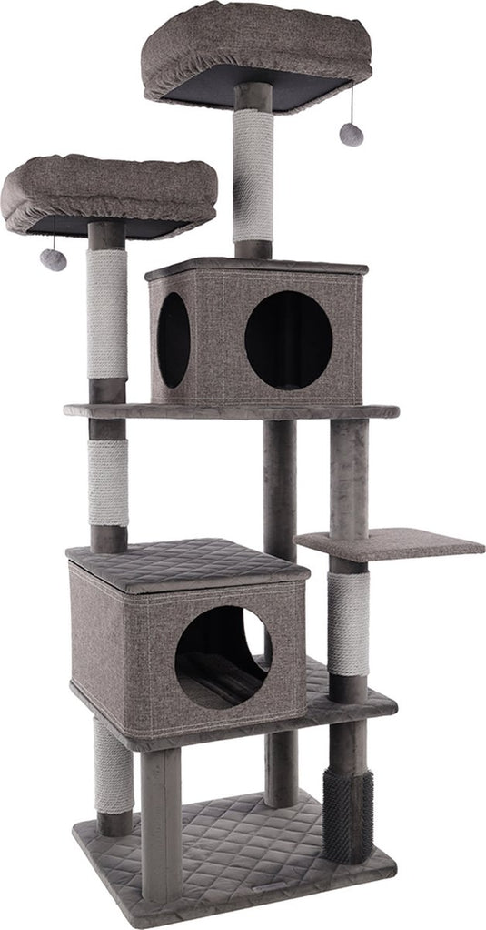 Flamingo krabpaal – aurora grijs – 80x70x171 cm – luxe krabpaal met schuilplaats, manden speeltjes – kattenmeubel met krabtouw massageborstel – voor alle kattenrassen