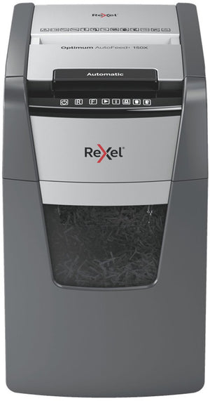 Rexel optimum autofeed+ 150x fluisterstille papierversnipperaar - p4 snippers - automatische invoer tot 150 vel - 44l - zwart