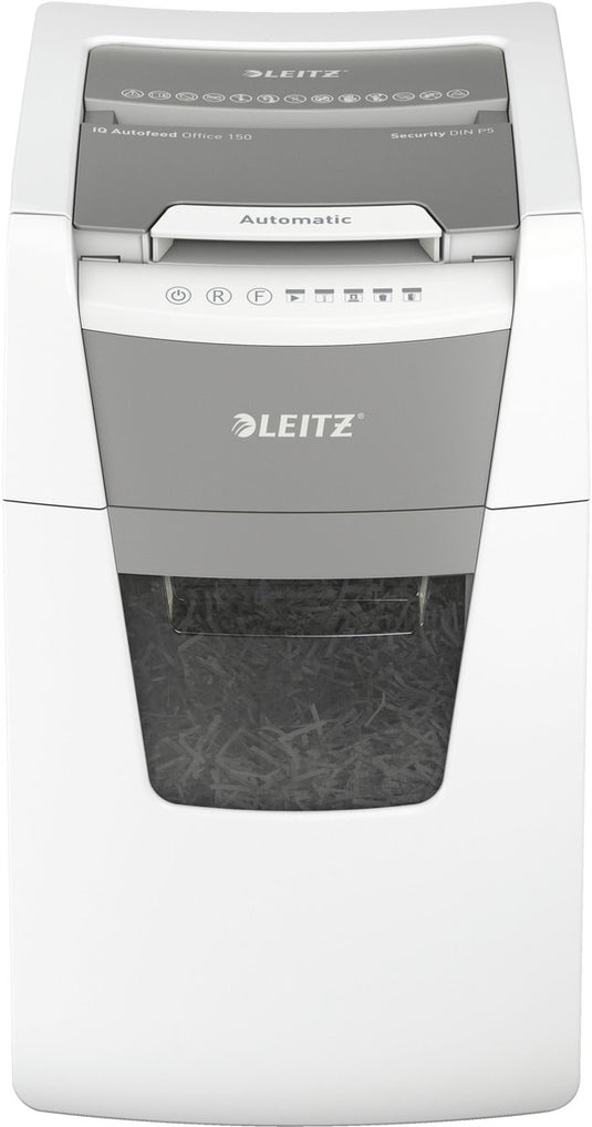 Leitz iq autofeed+ office 150 stille papierversnipperaar p5 - micro snippers - tot 150 vel - 44l - wit