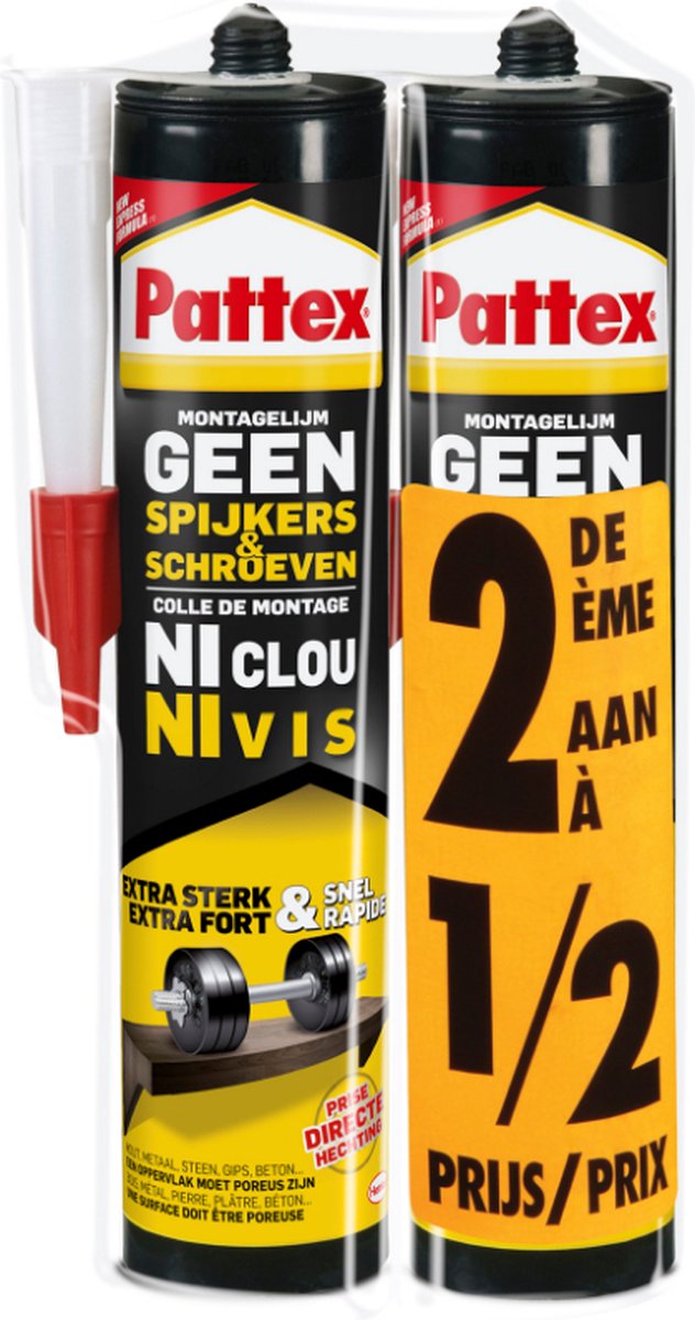 Laden Sie das Bild in Galerie -Viewer, Pattex geen spijkers schroeven 2 x 400 gr +50% | montagekit geschikt voor binnen | voor alle materialen | extreem sterk | ideaal als universele montagekit
