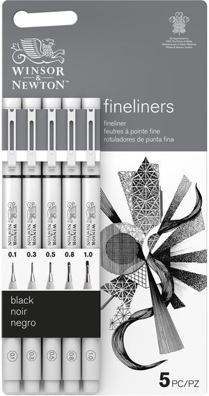 Winsor newton fineliner set zwarte – 5 nibmaten (0.1–1.0 mm) – waterbestendige pigmentinkt voor tekenen schetsen