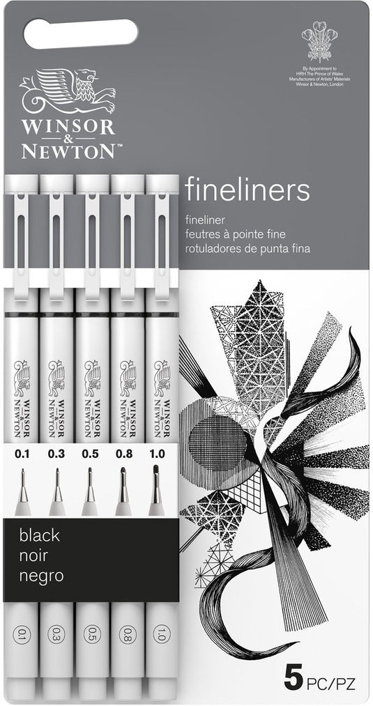 Winsor newton fineliner set zwarte – 5 nibmaten (0.1–1.0 mm) – waterbestendige pigmentinkt voor tekenen schetsen