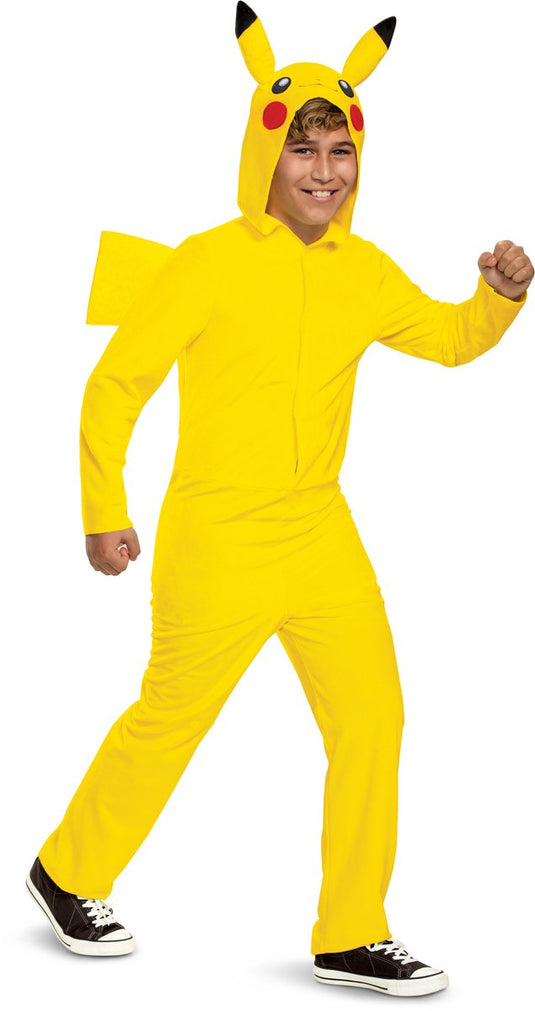 Disguise pokémon, pikachu jumpsuit met capuchon deluxe, maat m (7-8 jaar)