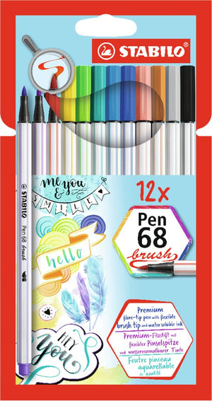 Stabilo pen 68 - premium brush viltstift - met flexibele penseelpunt - etui met 12 verschillende kleuren