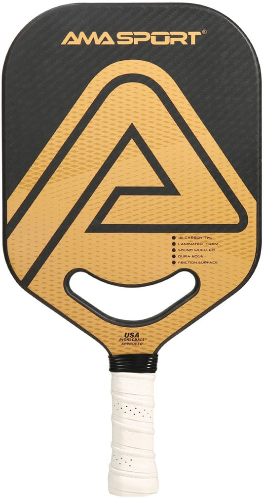 Ama sport pickleball paddle pp002-3kg goud zwart – 3k carbon surface – 20 mm kern – aero-duraedge air dynamic throat –
