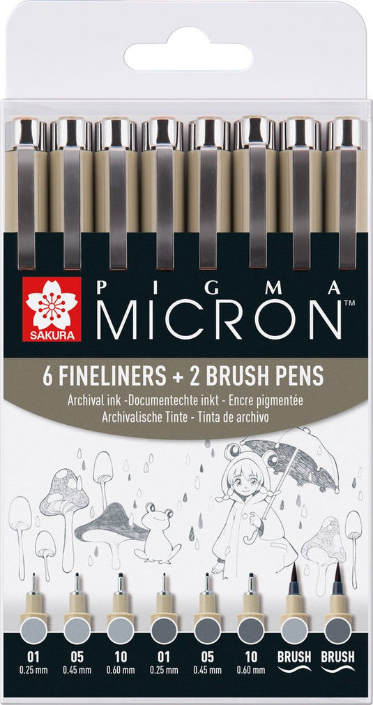 Sakura pigma micron fineliner set 8 pen. (licht) koelgrijs
