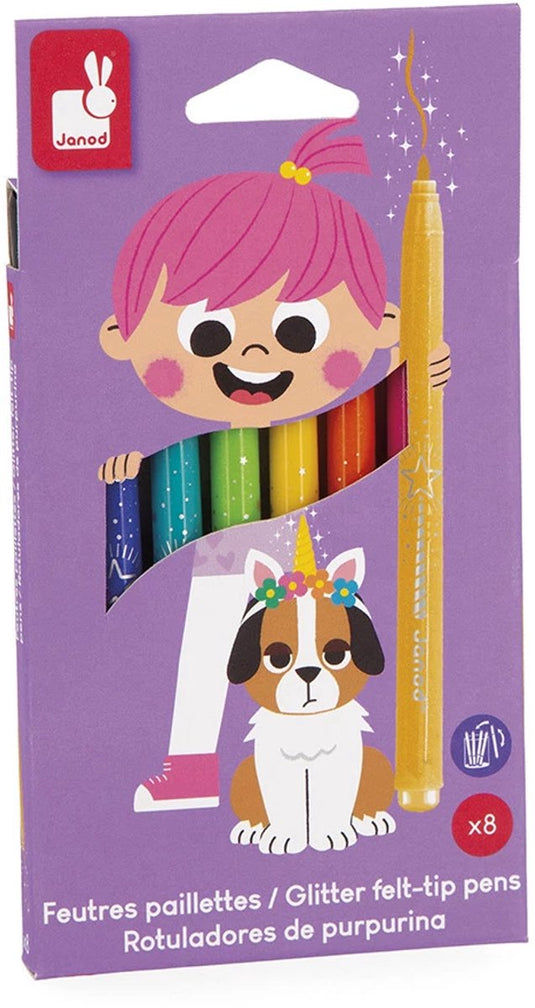 Janod - colo - glitterstiften - set van 8 verschillende kleuren