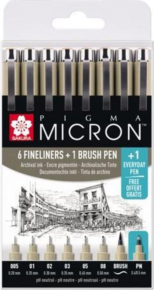 Sakura pigma micron fineliners - etui promotieset - 7 fineliners zwart en 1 pigma micron pn