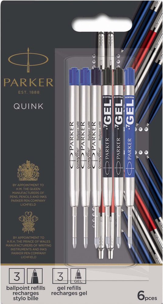 Parker jotter london discovery-pakket bestaande uit navullingen voor balpen en gelpen: 3 quinkflow-navullingen voor uw balpen en 3 quink gelnavullingen