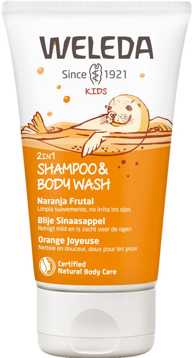 Weleda kids 2-in-1 shampoo body wash - sinaasappel - reinigt huid haar zacht - reinigt mild zacht voor ogen - 100% natuurlijke ingrediënten- 150ml