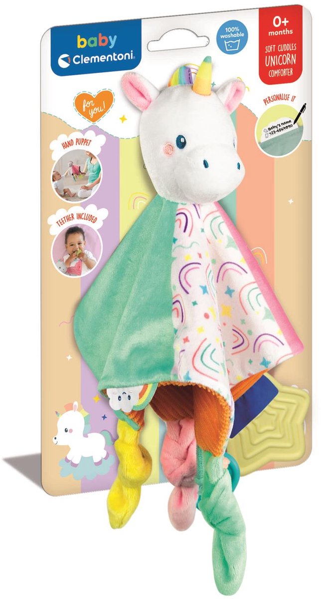 Afbeelding laden in galerijviewer, Clementoni knuffeldoekje eenhoorn soft cuddles - knuffeldoek met voeldetails - zacht kraamcadeau jongen of meisje - baby comforter vanaf 0 maanden
