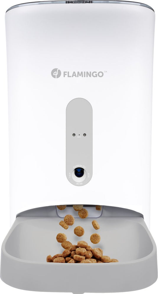 Flamingo automatische voerbar met camera – slimme voederautomaat kat en hond – app-bestuurbare droogvoerdispenser – 4,5l – wit – model omega