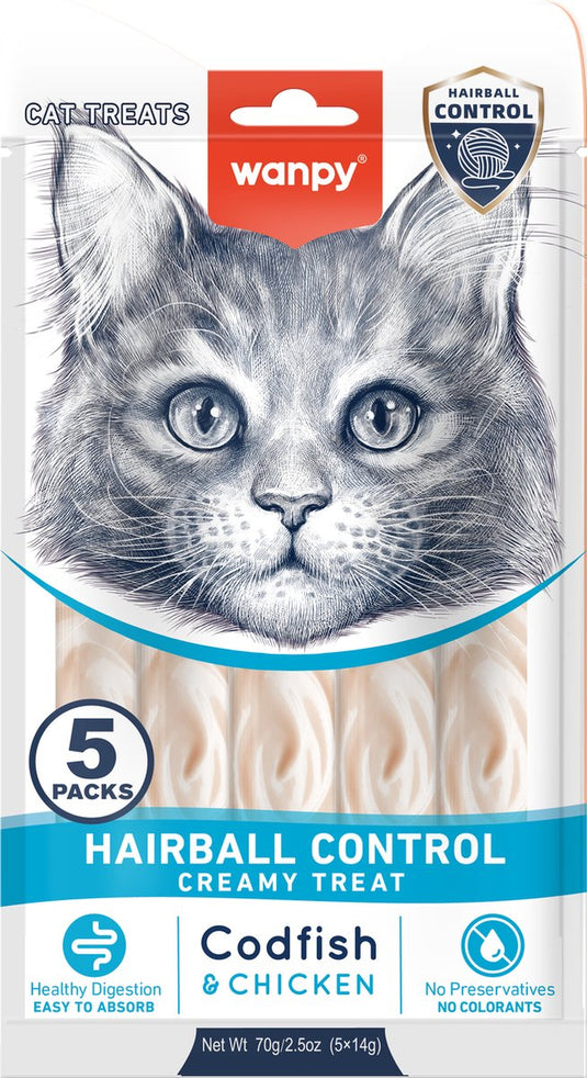 Wanpy - likbare snack met functie - kabeljauw kip - haarbal controle - 5 x 5 sticks van 14 gram