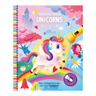 Lantaarn publishers speuren naar unicorns zoekboek met kartonnen zaklamp