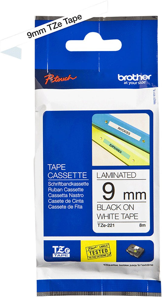 Brother tze221 - gel. zelfklevend tape - zwart op wit - rol (0.9 cm x 8 m) 1 rol(len) -voor p-touch oa. gl-h100. h105. pt-1290. 3600. d210. d400. d600. e500. e550