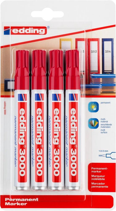 Edding 3000 permanent marker - rood - 4 stiften - ronde punt 1,5-3 mm - water en wrijfvast - voor karton, kunststof, hout, metaal, etc. - alcohol markers voor volwassenen