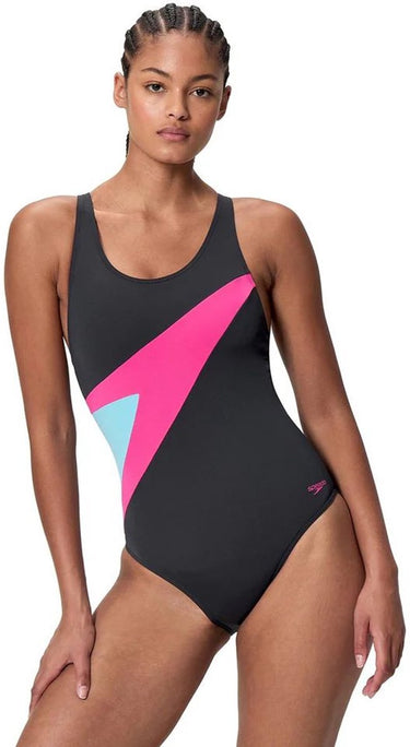 Speedo hyperboom butterfly back dames sportbadpak - kleurvast badpak dames - chloorbestendig zwempak dames - sportbadpak dames met vlinderrug - zwart roze - 36