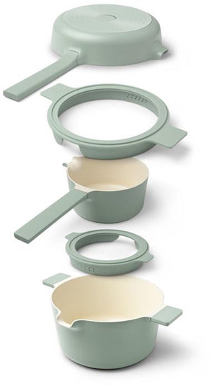 Brabantia compact stapelbare 5-delige pannenset camping - ruimtebesparende 5-in-1 kookpannenset - pfas-vrij - geschikt voor inductie - ovenbestendig - trendy kleur jade green