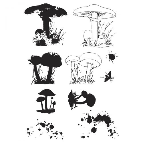 Load image into Gallery viewer, Sizzix • clear stamps set a5 with framelits die painted pencil mushrooms
