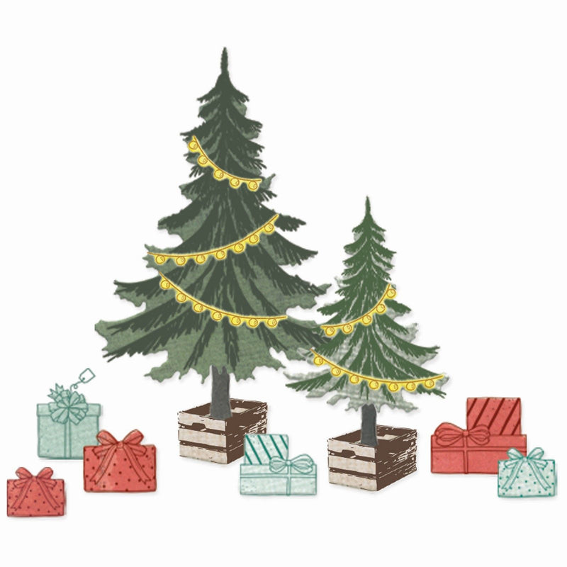 Load image into Gallery viewer, Sizzix • clear stamp set with framelits trees and trinkets by 49 and market 32pcs
