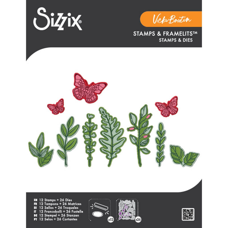 Load image into Gallery viewer, Sizzix • clear stamps set 12pcs 26pcs framelits die greenery layers 1 by vicki boutin
