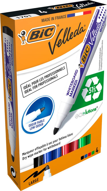 Bic velleda 1701 ecolutions whiteboard stiften medium kogelpunt - diverse kleuren - pack van 4 stuks