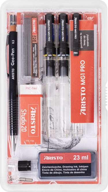 Aristo tekenpen - pro studio - set 8-delig - lijnbreedte 0.20 0.35 0.70 mm - fles 23ml inkt - tekenpotlood - potloodstiftjes - gum - penadapter - ar-64151