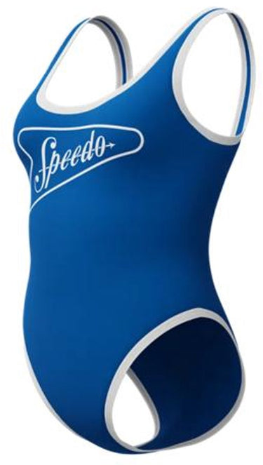 Speedo solid bound scoop 1 piece dames sportbadpak - badpak dames met ronde halslijn - zwempak dames met stretch - sportbadpak dames met u-vormige rug - blauw wit - xl