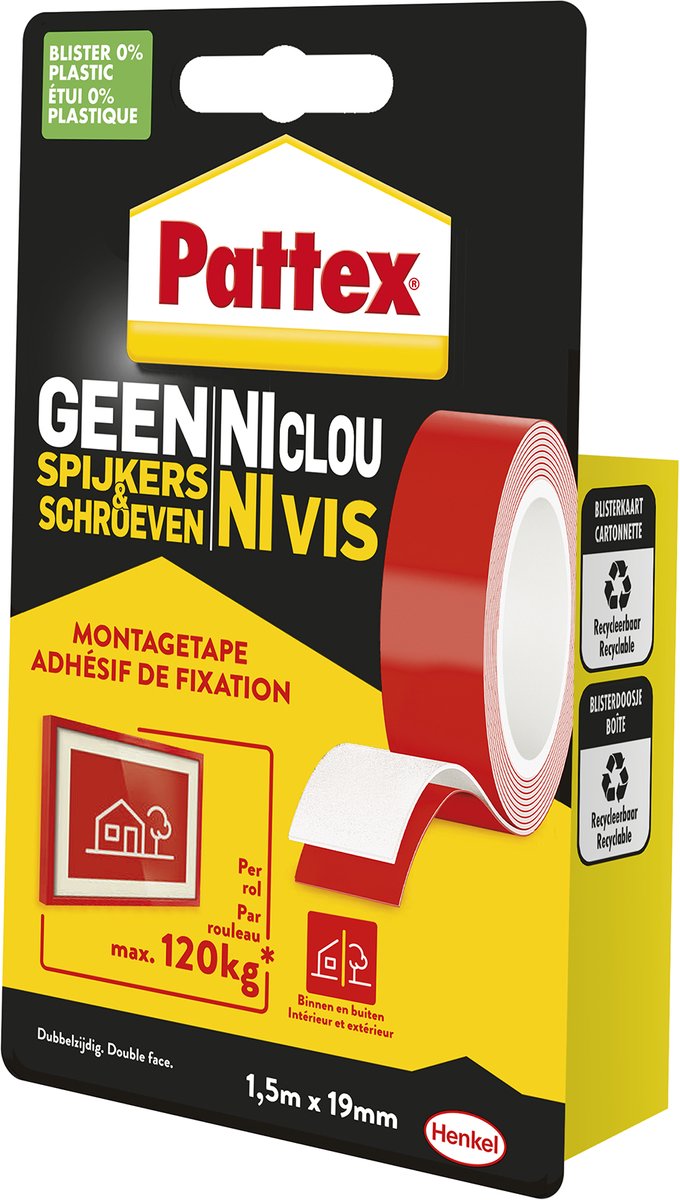 Afbeelding laden in galerijviewer, Pattex geen spijkers schroeven 120kg | binnen buiten oplossingen montagetape | montagetape 1,5 m verpakking.
