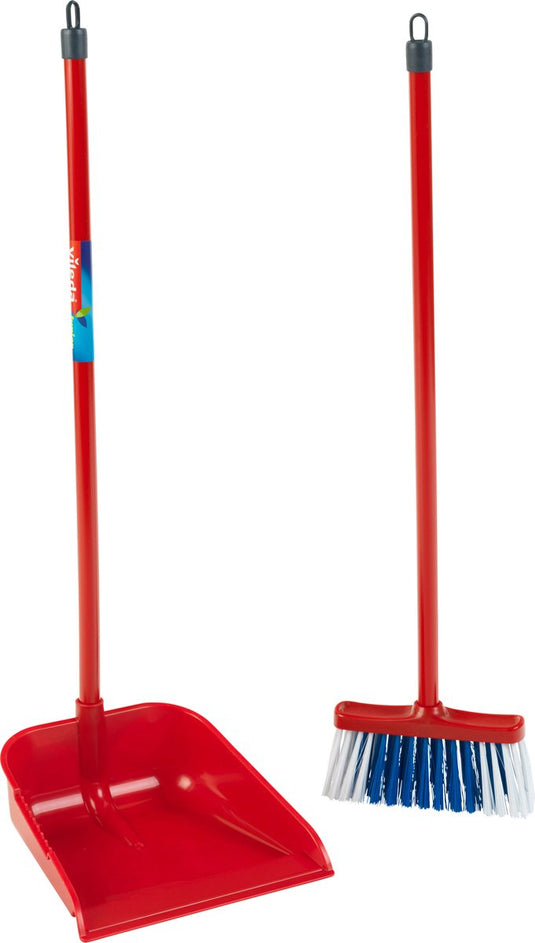 Klein toys vileda langsteelstoffer en blik - 56 cm lange steel - 55,5 cm lange bezem - rood blauw