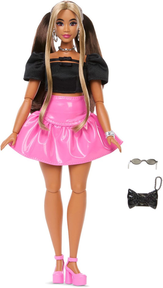 Barbie luxe stijl pop 16 in een glanzend roze core rok met een zwarte top en bruin haar, modepop, vrouw, 4 jaar, meisjes, 323,9 mm, meerkleurig