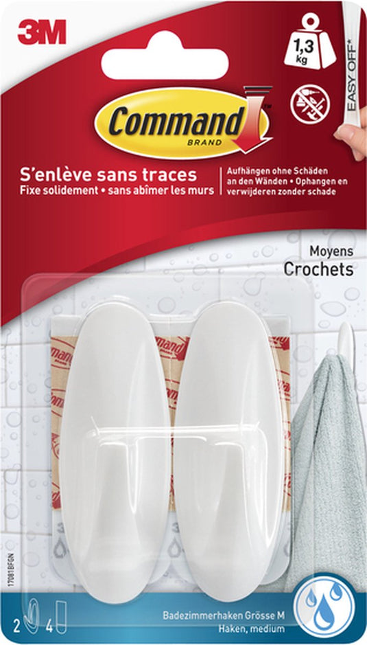 3m command decohaak, medium, draagvermogen 1,4 kg, wit, waterbestendig, blister van 2 stuks